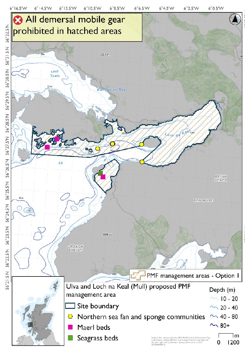 Map shows area for measures extending from the head of Loch na Keal across the south coast of Ulva, with a discrete section between Gribun and Inch Kenneth. Maerl beds are evident in the area south of Ulva, with northern sea fan and sponge communities in the mouth of the loch and a seagrass record and maerl record in the discrete area by Inch Kenneth.