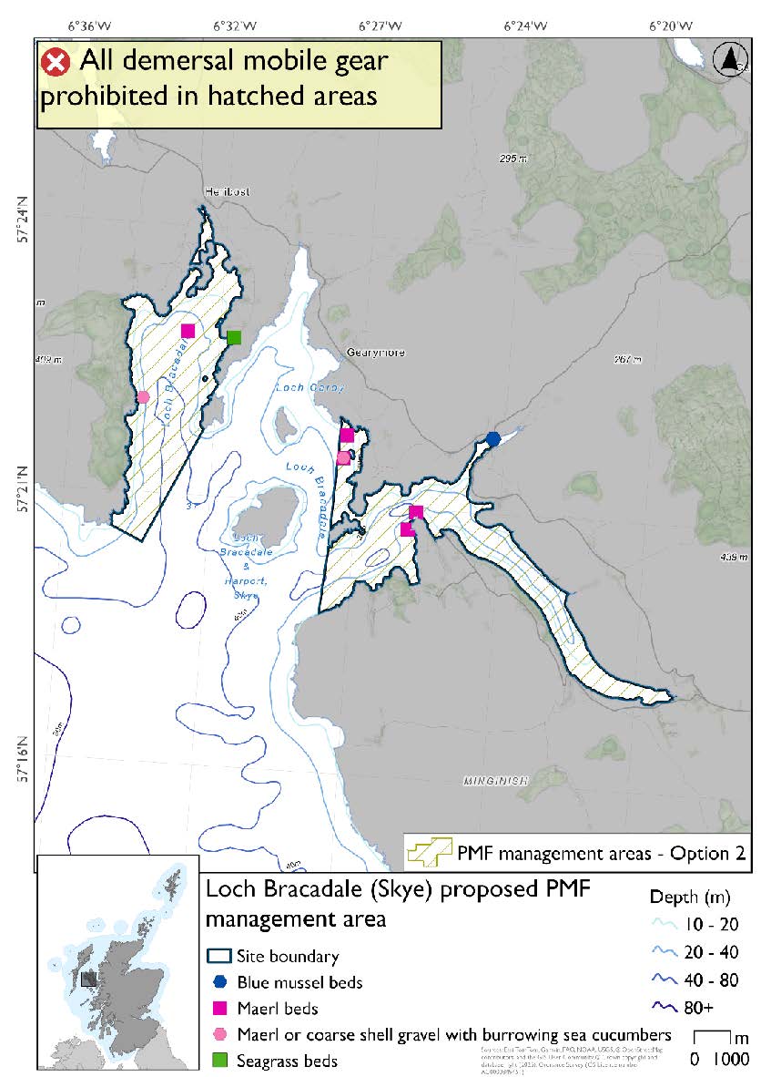 Map shows the area for measures covering two separate areas in Loch Bracadale. One on the west side of the loch including Loch Vatten and Loch Bharcasaigout to the sea. This area includes a maerl or coarse shell gravel record in the narrow strip down the coast and a maerl and seagrass record at the end of Loch Vatten. The other area is on the east side of the loch made up of Loch Halport and the bay at Ebost, area extends further out into Loch Bracadale than option 1. There are two maerl records and a maerl or coarse shell gravel record in the bay, two maerl records at the mouth of Loch Halport and a blue mussel record just off Bracadale.