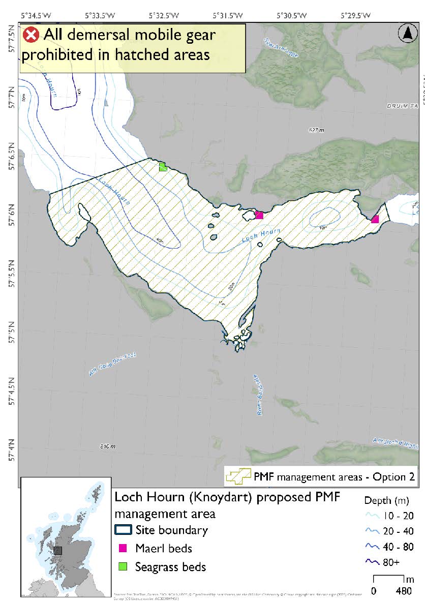 Map shows the area for measures from the narrows East of Barrisdale running up to Corran then straight across the loch to the Western side to form a larger area than option 1. There is a maerl record by the narrows and another record north of Barrisdale at the north coast of the Loch. There is also a seagrass record just off the coast at Corran.