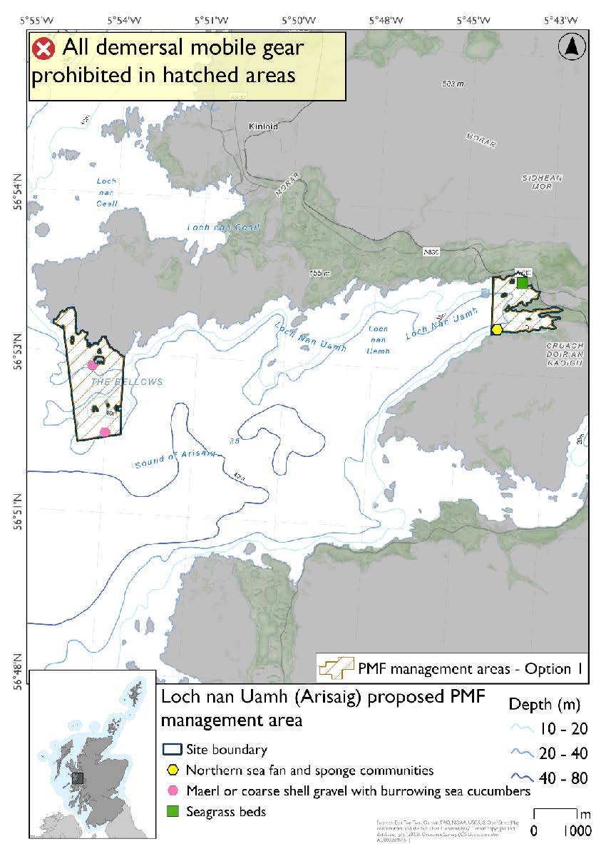 Map shows the area for measures covering two split areas. One at loch head by the Loch nan Uamh viaduct with a single seagrass record and northern sea fan and sponge communities record. The second area is on the northern side of the Loch by it's mouth. Area extending south into the sea from the coast south east of Rhu Point beach. There are two maerl or coarse shell gravel with burrowing sea cucumber records. One close to a skerry by the coast and one further south into the loch.