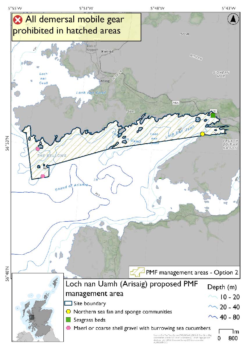 Map shows the area for measures covering the northern side of the loch from the loch head by the Loch nan Uamh viaduct to south of Rhu Point There is a single seagrass record and northern sea fan and sponge communities record. There are two maerl or coarse shell gravel with burrowing sea cucumber records by Rhu point. One close to a skerry by the coast and one further south into the loch.