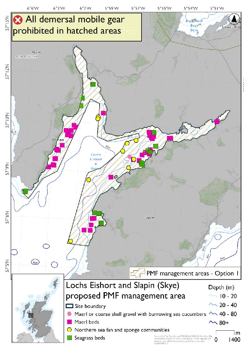 Map shows the area for measures covering coastal waters all around the loch with a large area left open in the middle. There are a large number of maerl and seagrass records along the north west and south east coast of the loch and a large number of northern sea fan and sponge communities records in the south east coastal waters of the area.