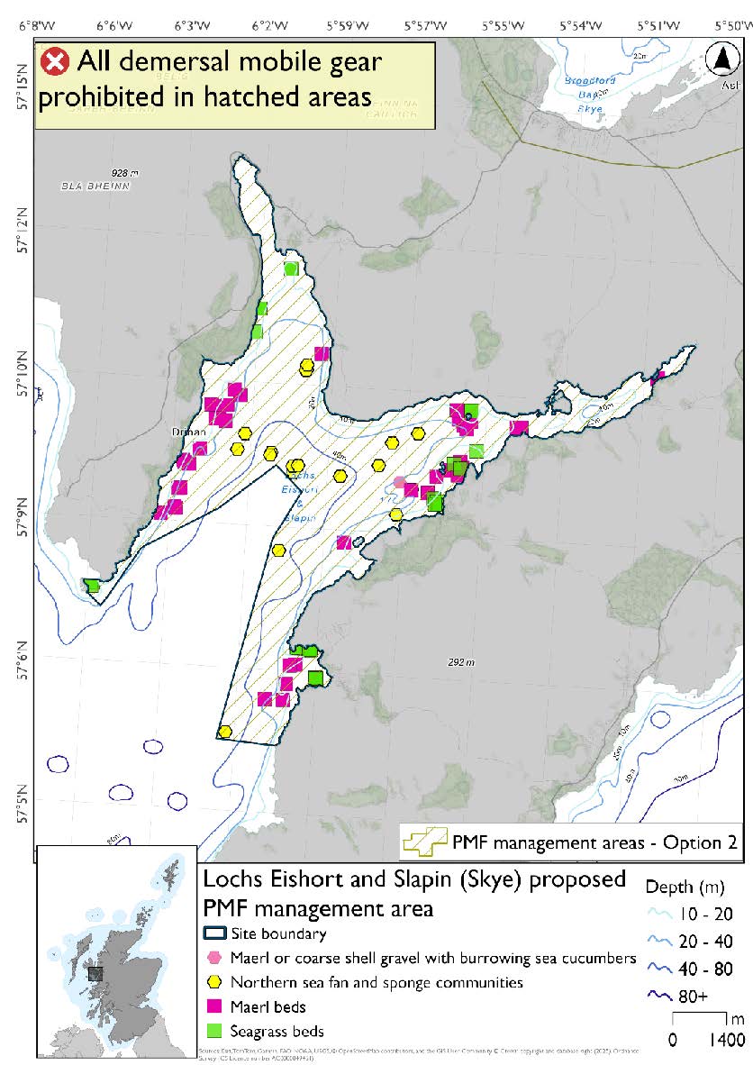 Map shows the area for measures covering coastal waters all around the loch with a smaller area left open in the middle. There are a large number of maerl and seagrass records along the north west and south east coast of the loch and a large number of northern sea fan and sponge communities records in the south east coastal waters of the area extending into the middle of the loch.