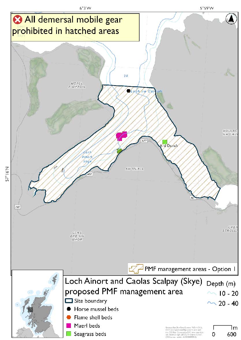 Map shows the area for measures covering loch Ainort by Scalpay in the Inner Sound and the waters across to the east coast of Scalpay, extending to Strollamus in the south and just north of Moll in the north. There is a single horse mussel record north of the mouth of loch Ainort, a cluster of maerl and flame shell records at the mouth of the loch and two seagrass records south and south east of this cluster.