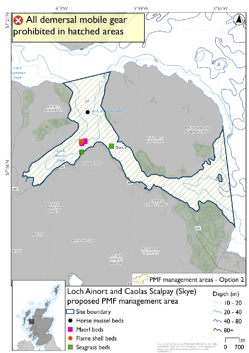 Map shows the area for measures covering Loch Ainort and the surrounding coast across to Scalpay, as far as the headland east of Sconser in the north and Irishman's point north of Corry in the south. There is a single horse mussel record north of the mouth of loch Ainort, a cluster of maerl and flame shell records at the mouth of the loch and two seagrass records south and south east of this cluster.