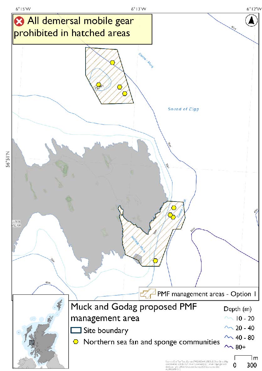 Map shows the area for measures covering two split areas. One surrounding the island of Godag north of Muck with four northern sea fan and sponge communities records The second area is extends out from the South east coast of Muck and includes four northern sea fan and sponge communities records.
