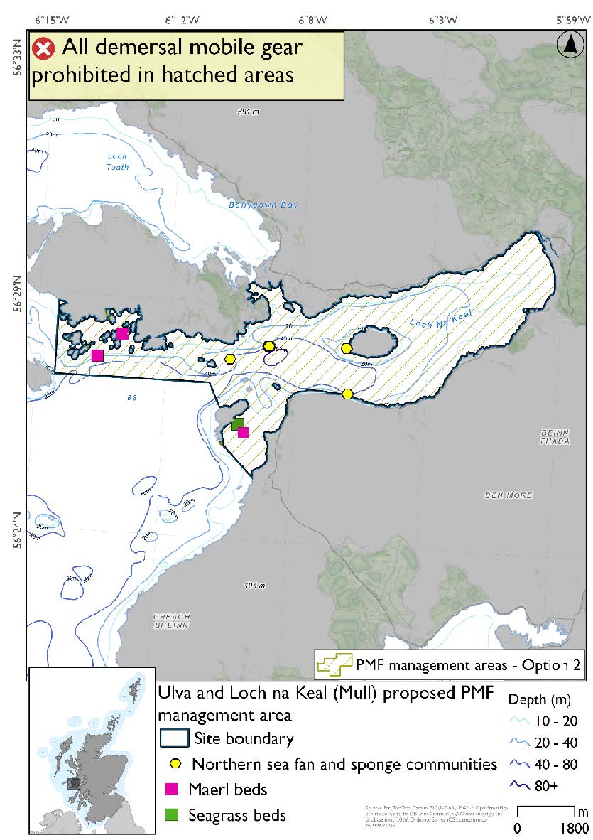 Map showing a continuous area for measures extending from the head of Loch na Keal across the south coast of ulva, and into the strait between inch Kenneth and Gribun. Maerl beds are evident in the area south of Ulva, with northern sea fan and sponge communities in the mouth of the loch and a seagrass record and maerl record in the area by Inch Kenneth.