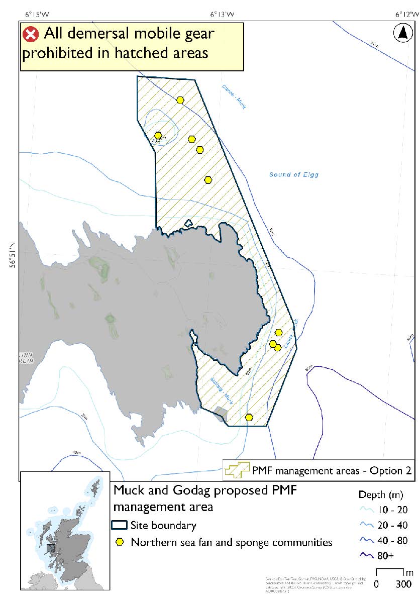Map shows the continuous area for measures covering the island of Godag extending down to off the south east coast of Muck. There are five northern sea fan and sponge communities records by Godag and four south east of Muck