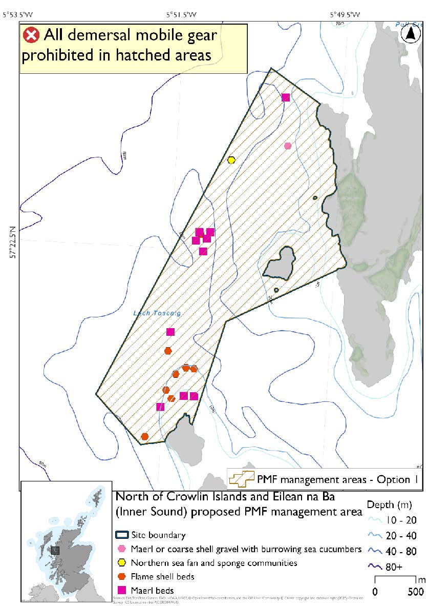 Map shows the area for measures covering the waters surrounding and north of Eilean na Ba across to the mainland and southwards to Eilean Beag. The waters immediately to the northwest of both islands are included in this area. Maerl bed records are found in the north, middle and southern partof the area, a cluster of flame shell records are by the maerl in the south and a single northern sea fan and sponge communities and single maerl or coarse shell gravel with burrowing sea cucumbers record are found in the northern portion near the single maerl record.