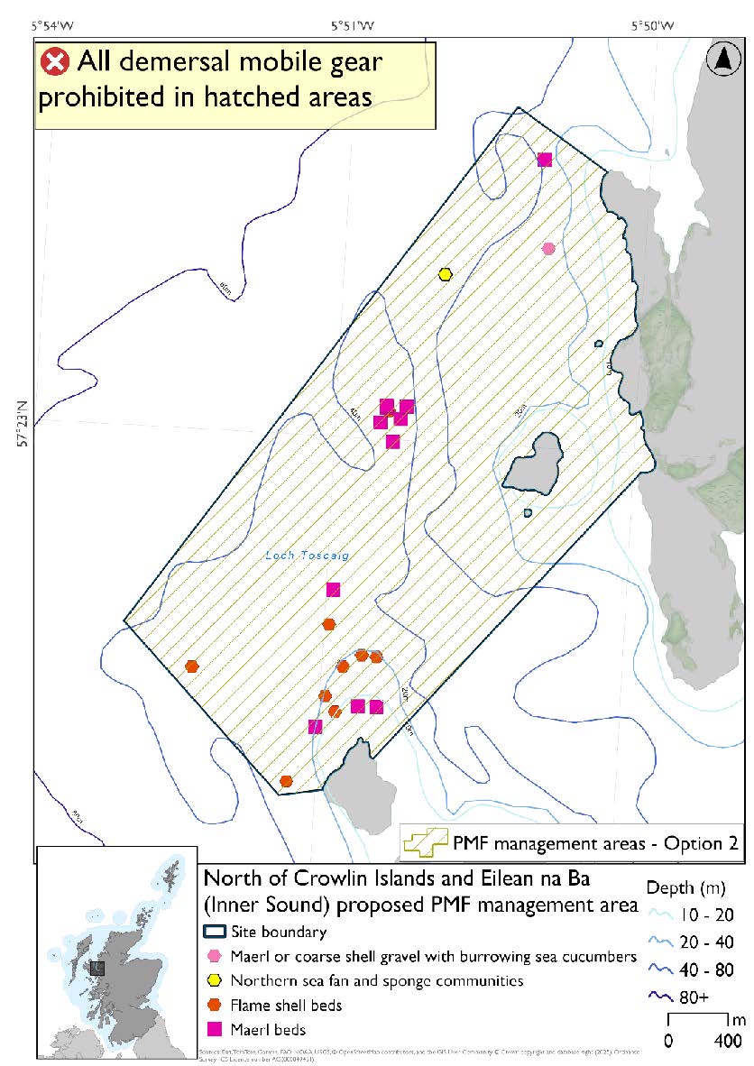 Map shows the area for measures covering the waters surrounding Eilean na Ba, and the waters to the north and northwest, across to the mainland and southwards to Eilean Beag. This area extends further north and west than option 1, as well as slightly further southeast. Maerl bed records are found in the north, middle and southern partof the area, a cluster of flame shell records are by the maerl in the south and a single northern sea fan and sponge communities and single maerl or coarse shell gravel with burrowing sea cucumbers record are found in the northern portion near the single maerl record.