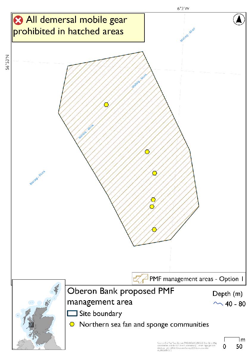 Map shows the area covering part of the Oberon bank, a submerged sandbank near the Sound of Jura. There are 6 northern sea fan and sponge communities records present.
