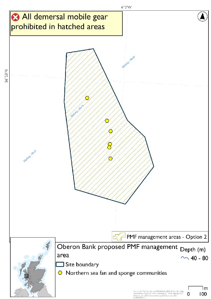 Map shows the area covering a larger part of the Oberon bank, a submerged sandbank near the Sound of Jura. There are 6 northern sea fan and sponge communities records present.