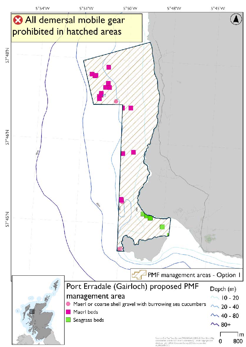 Map shows the area running down the coast from Melvaig to north coast of longa island and extending out in a narrow strip into the sea with a larger square area at the north end. There is a large number of maerl records in the northern section by Melvaig, others dotted down the coast. A cluster of seagrass records between longa and the mainland, a single maerl or coarse shell gravel with burrowing sea cucumber records slightly north-east of the segrass records and a cluster of the west coast of Longa.