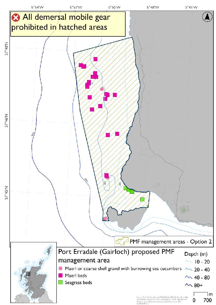 Map shows the area running down the coast from Melvaig to north coast of longa island and extending out in a narrow strip into the sea with a larger square area at the north end. There is a larger number of maerl records than option 1 in the northern section by Melvaig, others dotted down the coast. A cluster of seagrass records between longa and the mainland, a single maerl or coarse shell gravel with burrowing sea cucumber records slightly north-east of the segrass records and a cluster of the west coast of Longa.