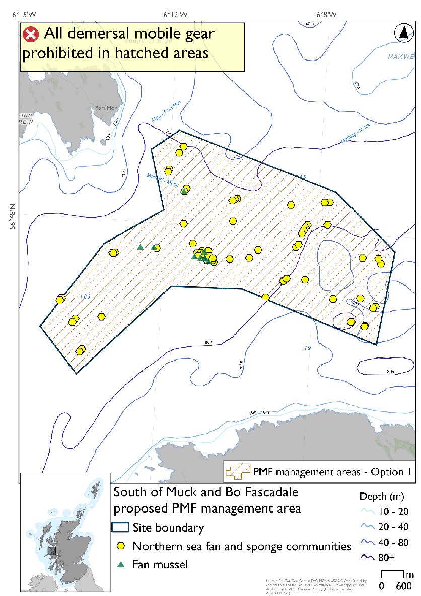 Map shows the area in the open sea south east of Muck and north of Fascadale on the West Coast of the mainland. There are a large number of northern sea fan and sponge communities records spread throughout the area and a cluster of fan mussels in the centre with 3 other records closer to the boundary nearest Muck.