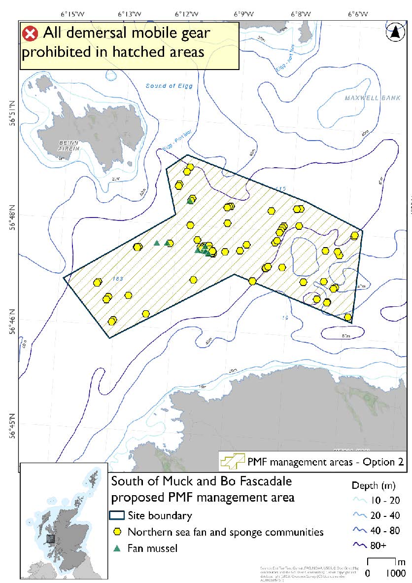 Map shows the area in the open sea south east of Muck and north of Fascadale on the West Coast of the mainland. This area extends further west towards the mainland and captures additional northern sea fan records. There are a large number of northern sea fan and sponge communities records spread throughout the area and a cluster of fan mussels in the centre with 3 other records closer to the boundary nearest Muck.