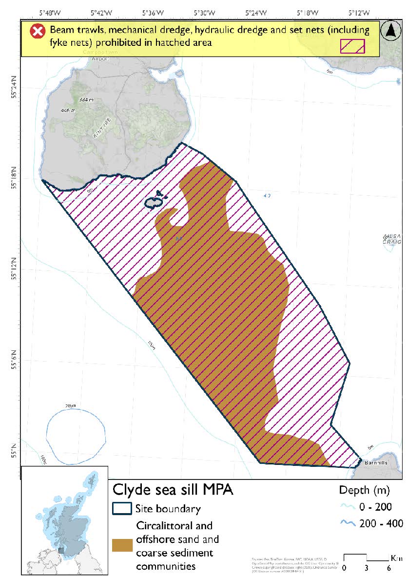 Option 2 map shows Clyde Sea Sill Nature Conservation Marine Protected Area (NCMPA), an area covering the waters between the southern Mull of Kintyre and Corsewall Point. Circalittoral and offshore sand and coarse sediment communities cover much of the centre of the NCMPA. Across the full area hydraulic dredges, set nets (including fyke nets), beam trawls and mechanical dredge are prohibited.