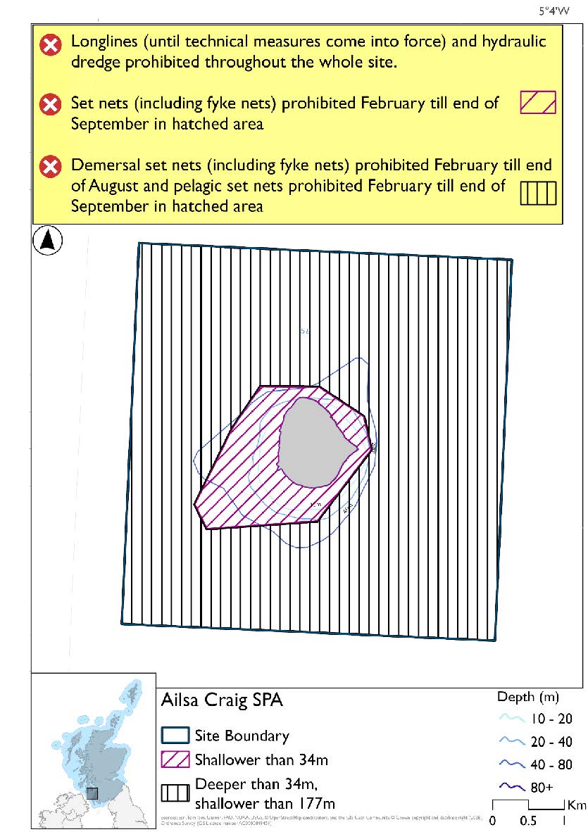 Map shows boundaries of Ailsa Crag SPA forming a square around the island. An area shallower than 34m immediately surrounds the island, stretching slightly further to the southwest, where set nets (including fyke nets) are prohibited February till end of September. The remainder of the area is deeper than 34m, where demersal set nets (including fyke nets) are prohibited February till end of August and pelagic set nets are prohibited February to end of September. Hydraulic dredges and longlines (until technical measures come into force) are prohibited throughout.