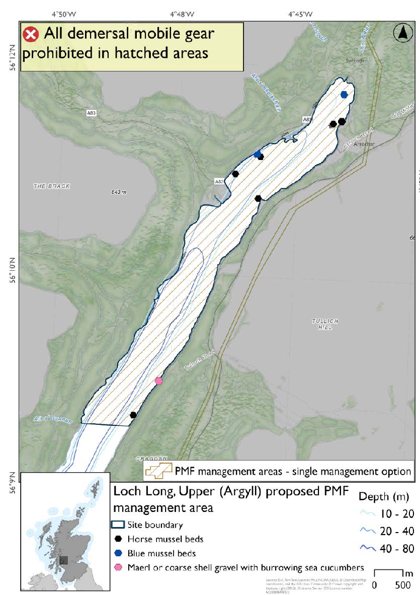 Map shows the area where the measures will apply extending through the upper half of Loch long. Blue mussel beds are evident in the upper third of the area, horse mussel beds are evident in the northern third and the south of the area, and a maerl or coarse shell gravel with burrowing sea cucumbers record is present in the southeast.