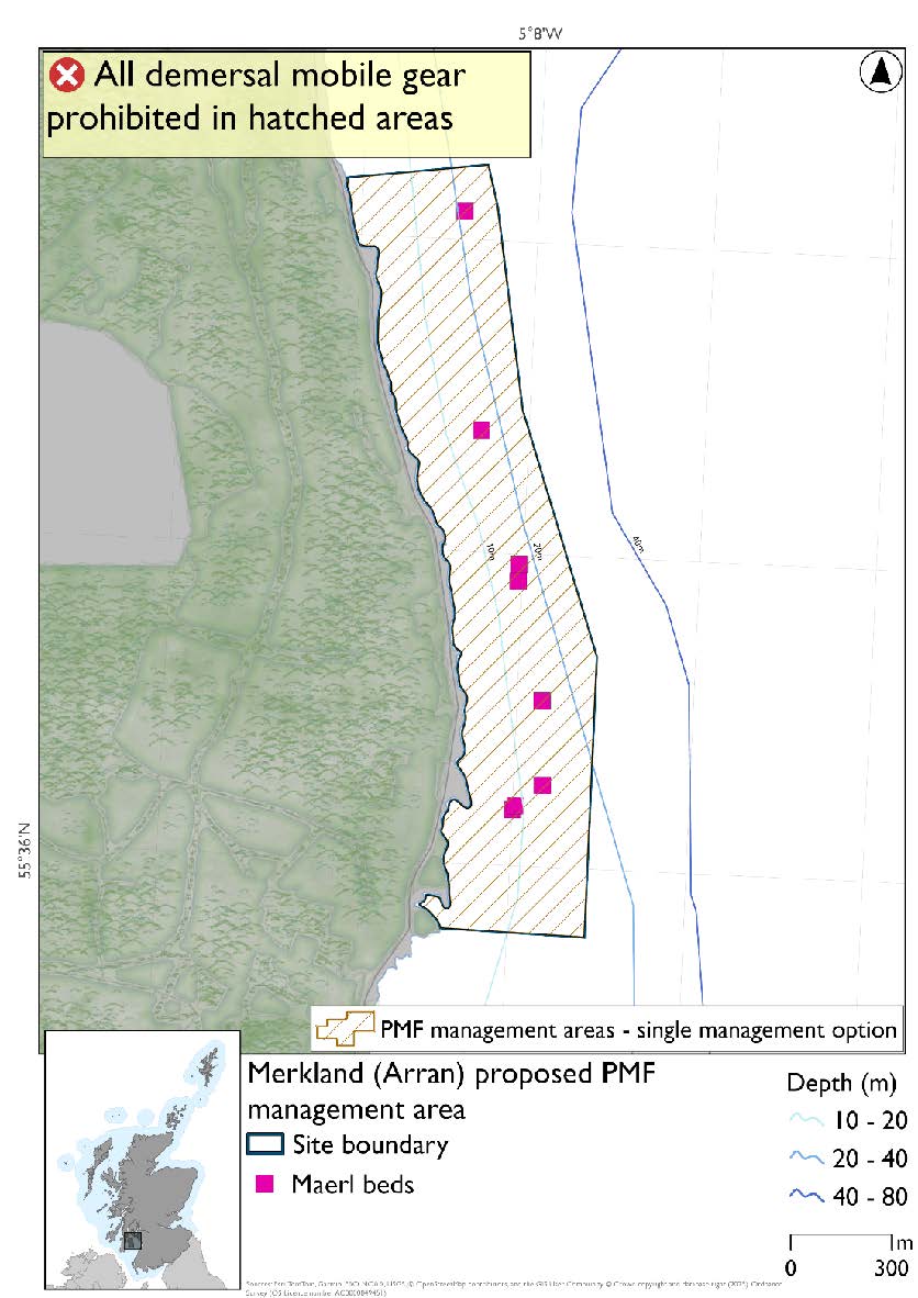 Map shows the area for measures extends along a section of the east coast of Arran, south of Corrie. Maerl bed records are present throughout the area.
