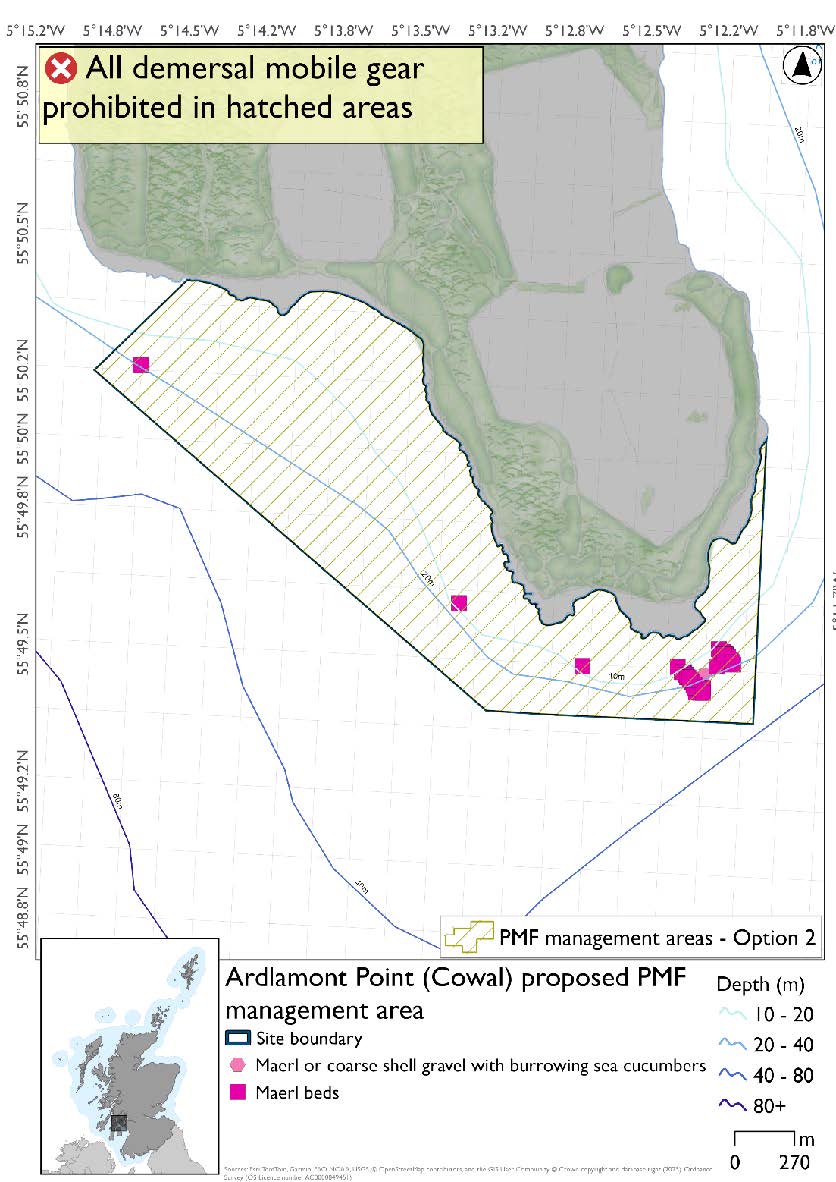 Map showing area to be protected extending from the waters around the tip of Ardlamont point northwest to the coast to the west of Ardlamont house. This area extends further from the coast than option 1. Maerl bed records exist throughout the area, with a significant concentration in the southeast, alongside a maerl or coarse shell gravel with burrowing sea cucumbers record.
