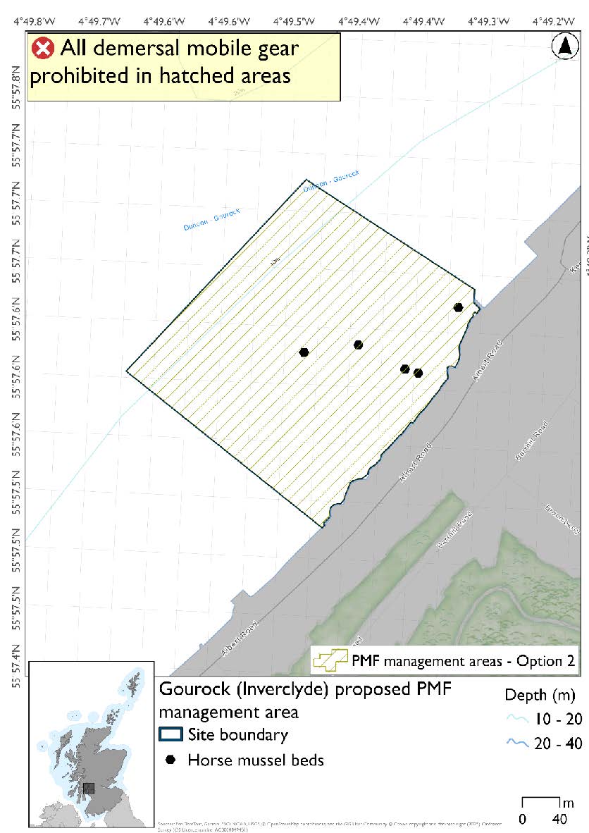 Map shows a rectangular area off the coast of Gourock where measures will apply, this extends slightly further into the sea than option 1. Five horse mussel records are evident, two towards the centre of the area and three towars the coast.