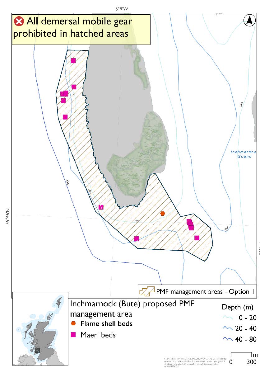 Map shows area to be protected extending down the west coast of Inchmarnock round the southern tip and out into the waters to the southeast. Maerl bed records are evident throughout the area, especially in the northwest and open waters in the southeast. A flame shell bed record is present in the southeast.
