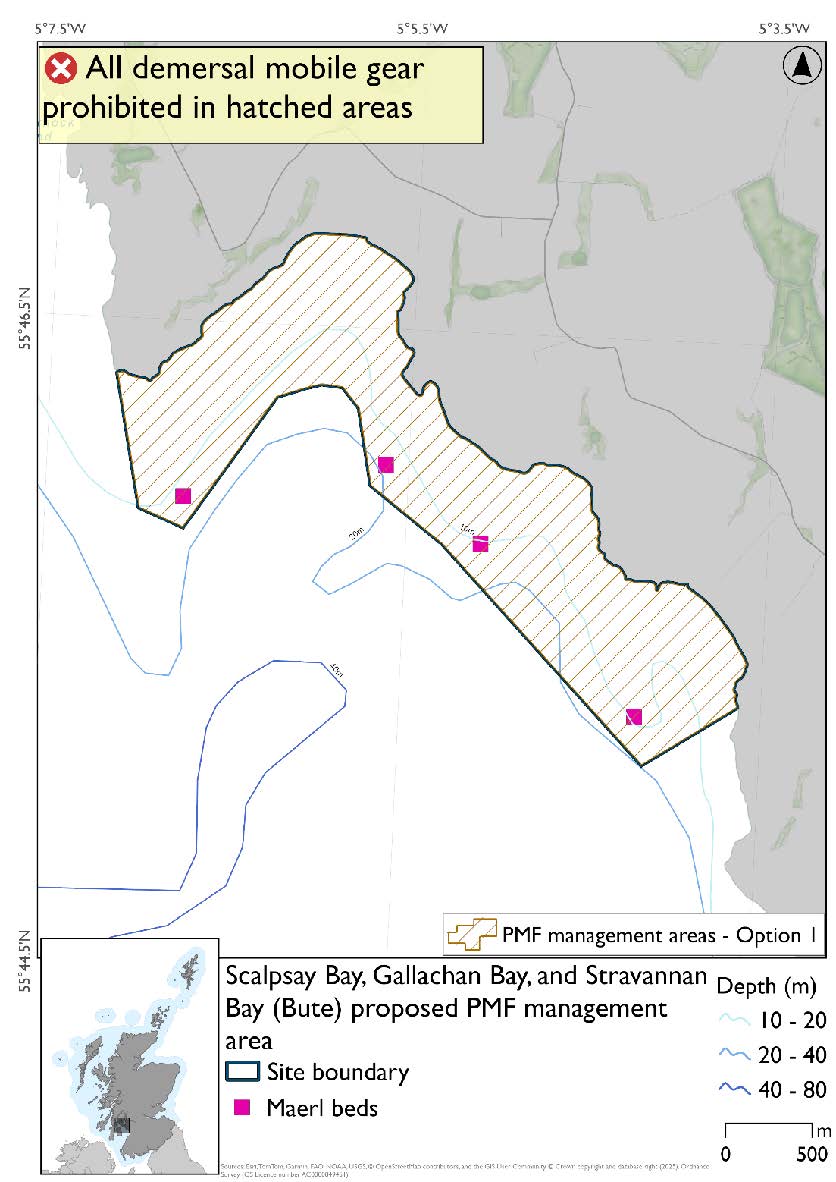 Map shows a continuous area stretching a short way from the coast running from the western edge of Scalpsay bay to the southern edge of Stravanan bay. Four maerl bed records are found across the area.