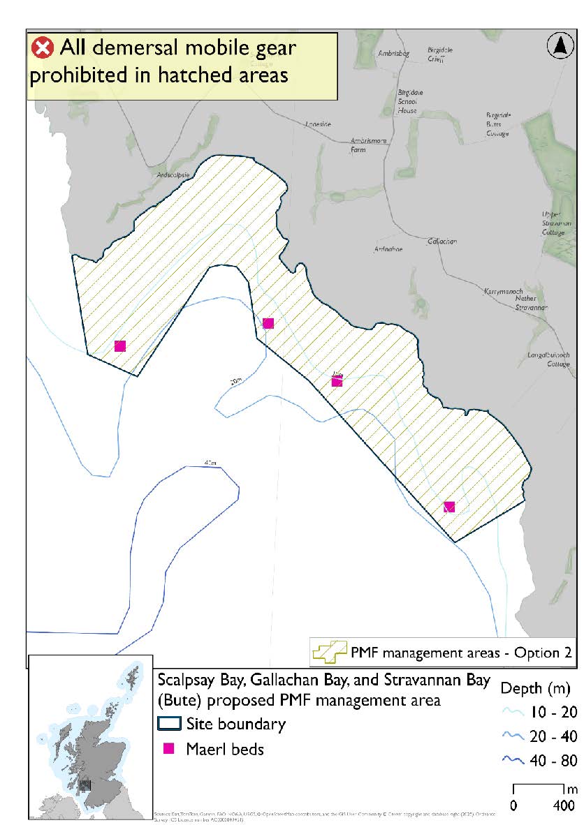 Map shows the area to be protected extending from the waters south of Ardscalpsie down to Stravanan bay. This area extends slightly further into the sea west of Scalpsay bay than option 1. Four maerl bed records are found across the area.