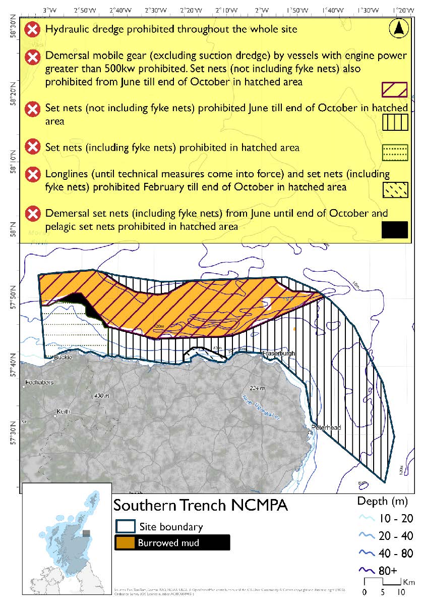 Option 1 map shows the Southern Trench Nature Conservation Marine Protected Area (NCMPA) covering an area off the coast between Buckie and Peterhead extending 30km outwards to a depth below 80m in most parts. A large band of burrowed mud runs through the north of the site. Hydraulic dredges are prohibited throughout the site. This site has further zoned measures, divided into 5 zones. The burrowed mud band is covered wholly by a zone prohibiting use of demersal mobile gear (excluding hydraulic dredges which are fully prohibited) by vessels with engine power greater than 500kw, with set nets (not including fyke nets) prohibited from June to the end of October. A small area south of the burrowed mud north of Buckie prohibits demersal set nets (including fyke nets) from June to the end of October and pelagic set nets year round. The westernmost area of the NCMPA shallower than 80m as far east as Portsoy prohibits set nets (including fyke nets) year round. A small area around Troup head and stretching a small way past Pennan prohibits longlines (until technical measures come into force), with set nets (including fyke nets) prohibited June to the end of October. The remainder of the site prohibits set nets (not including fyke nets) June to the end of October.