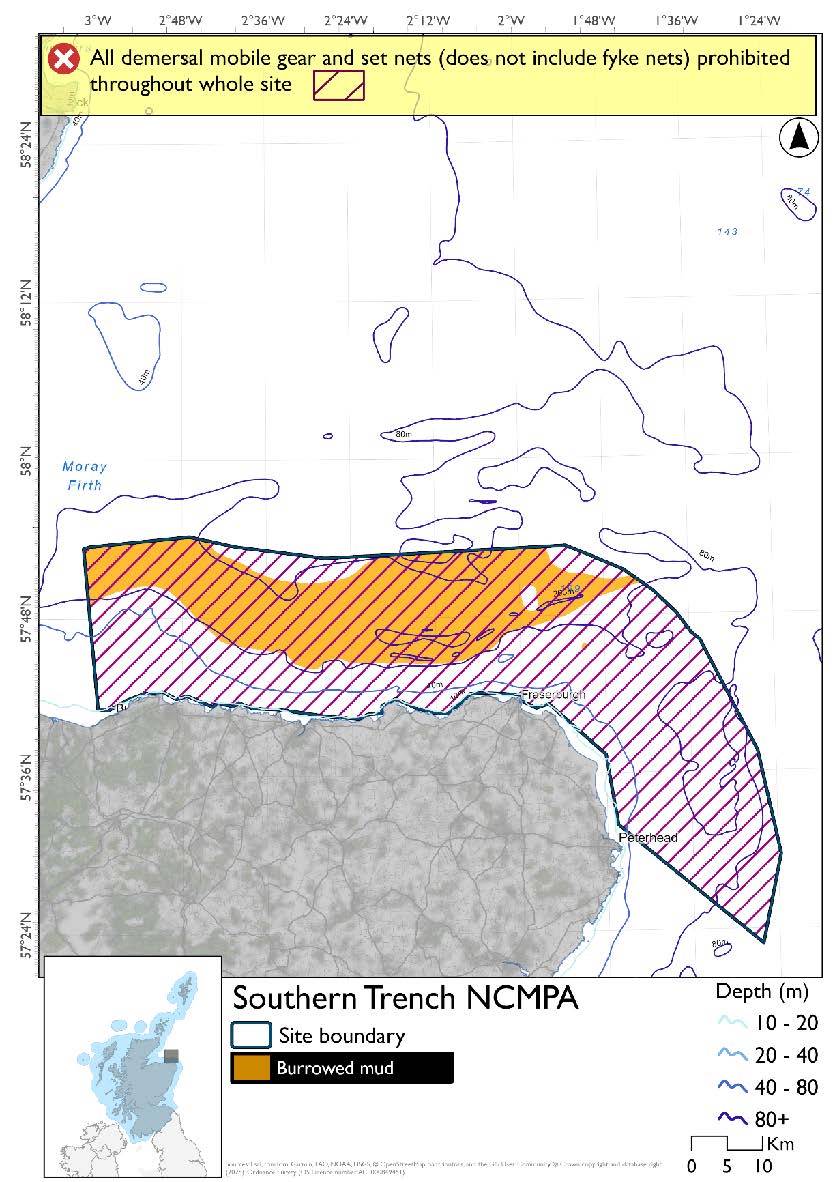 Option 2 map shows the Southern Trench Nature Conservation Marine Protected Area (NCMPA) covering an area off the coast between Buckie and Peterhead extending 30km outwards to a depth below 80m in most parts. A large band of burrowed mud runs through the north of the site. A full site prohibition applies to all demersal mobile gear and set nets (not including fyke nets).