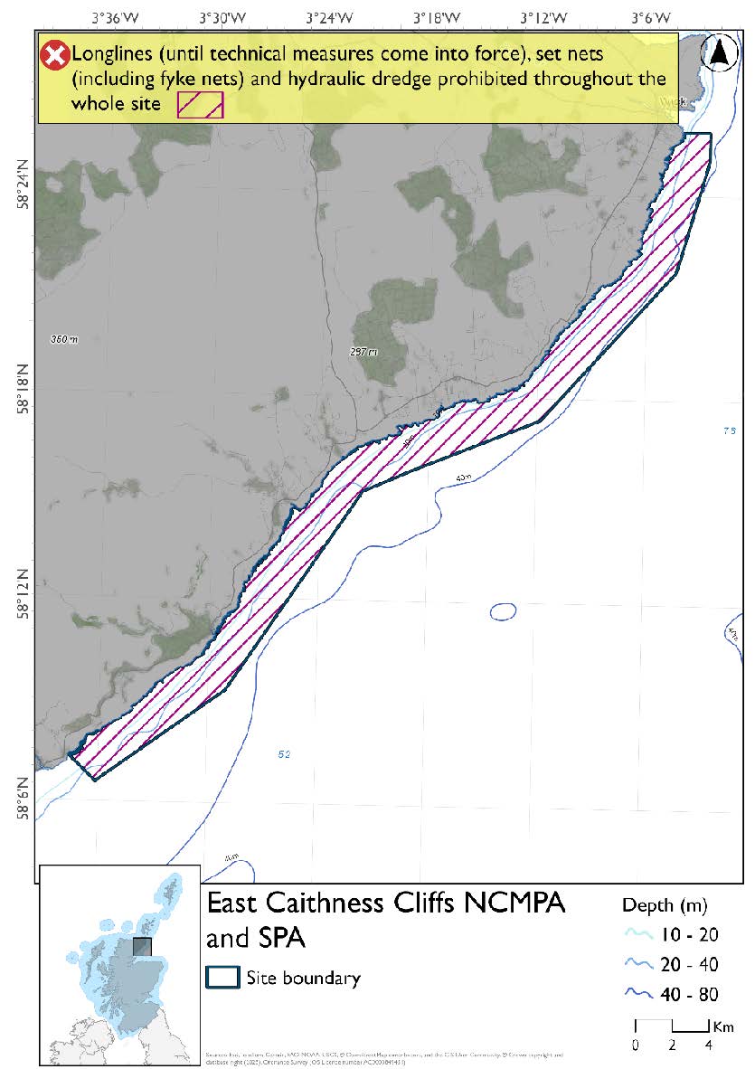 Single proposed option map shows East Caithness Cliffs SPA and NCMPA, a strip of water hugging the cliffs between Helmsdale and Wick. Longlines (until technical measures come into force), set nets (including fyke nets), and hydraulic dredges are prohibited throughout.