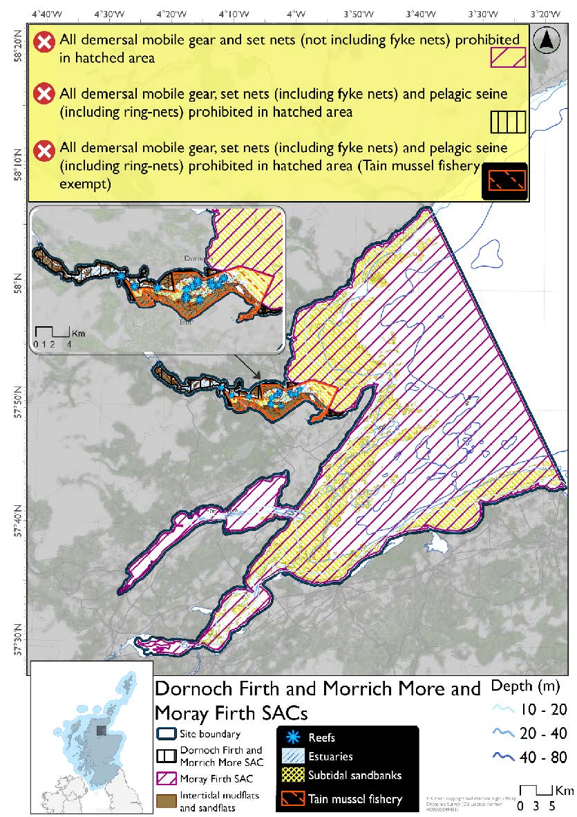 Option 2 map of Dornoch Firth and Morrich More and Moray Firth Special Areas of Conservation (SACs) The area contains estuaries around Tain in the Dornoch Firth, with intertidal mudflats and sandflats along the edges of this firth, with reef in the centre of the firth. Subtidal sandbanks cover most of the remaining coastal areas, particularly in the Moray Firth itself. The remainder of the Dornich Firth and Morrick More SAC (which ends where the firth opens) prohibits all demersal mobile gear, set nets (including fyke nets) and pelagic seine (including ring nets). The Tain Mussel Fishery (covering most of the open area of the Dornoch Firth near Tain is exempt). Throughout the rest of the area, covering the Moray Firth SAC, all demersal mobile gear, and set nets (not including fyke nets) are prohibited.