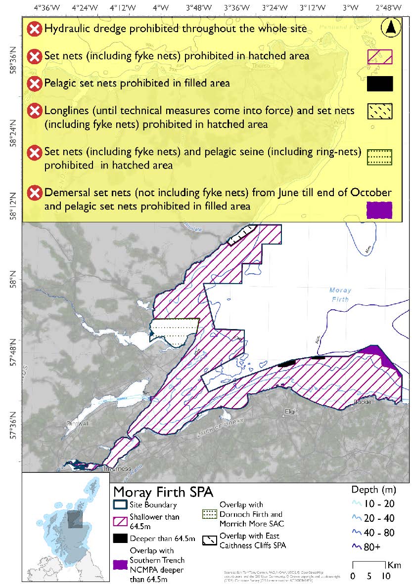 Map shows Moray Firth SPA, a site extending seaward from the Helmsdale coast in the north to Portsoy in the east. It includes the outer Dornoch and Cromarty Firths, Beauly and Inverness Firths, as well as part of the wider Moray Firth. Almost all of the site is shallower than 64.5m, with only small areas in the southeast (north of Elgin and Buckie) being deeper. In the shallower majority of the site set nets (including fyke nets) are prohibited. In the deeper areas pelagic set nets are prohibited year-round. Pelagic seine (including ring-nets) prohibited in the part of the site that overlaps with the Dornoch Firth and Morrich More SAC. Demersal set nets (not including fyke nets) from June till end of October and pelagic set nets are prohibited in the area overlapping Southern Trench NCMPA deeper than 64.5m. Throughout the site hydraulic dredges are prohibited.