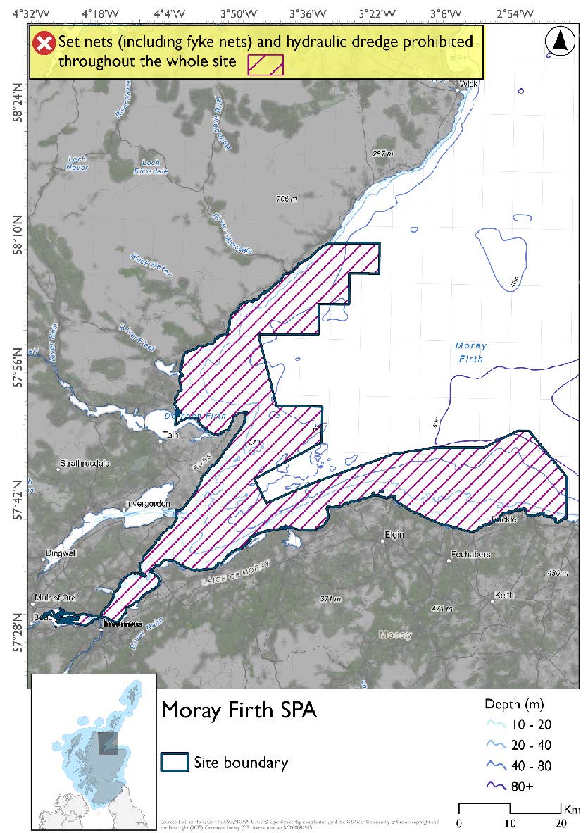 Map shows Moray Firth SPA, a site extending seaward from the Helmsdale coast in the north to Portsoy in the east. It includes the outer Dornoch and Cromarty Firths, Beauly and Inverness Firths, as well as part of the wider Moray Firth. Throughout the site set nets (including fyke nets) and hydraulic dredges are prohibited.