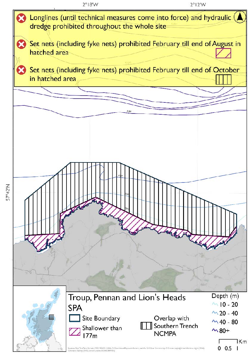 Map shows Troup, Pennan and Lion's Heads SPA- which covers an area of coast running from the peninsula southwest of Rosehearty to the peninsula west of Gardenstown. The entire site is shallower than 177m. Across the site set nets are prohibited February to end of August, this prohibition extends to the end of October in areas overlapping the Southern Trench NCMPA (which account for the majority of the site- covering all but the areas immediately adjacent to the coast). Throughout the year hydraulic dredges and longlines (until technical measures come into force) are prohibited across the whole site.