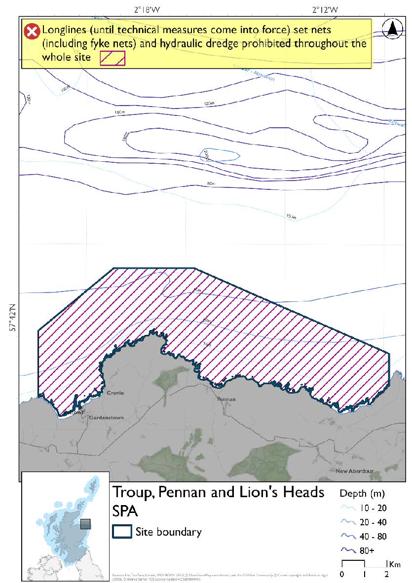 Map shows Troup, Pennan and Lion's Heads SPA- which covers an area of coast running from the peninsula southwest of Rosehearty to the peninsula west of Gardenstown. Set nets (including fyke nets), longlines (until technical measures come into force) and hydraulic dredges are prohibited throughout the site.