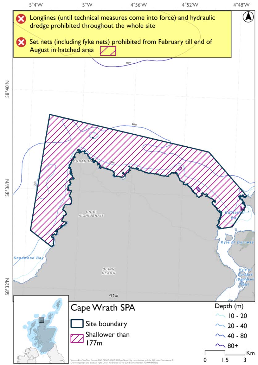 Map shows Cape Wrath SPA, which covers the Cape Wrath headland and Clo Mor cliffs as well as the nearby coastline and stacks. Throughout the SPA set nets (including fyke nets) are prohibited from February to the end of August, with year round prohibition for longlines (until technical measures come into force) and hydraulic dredges.