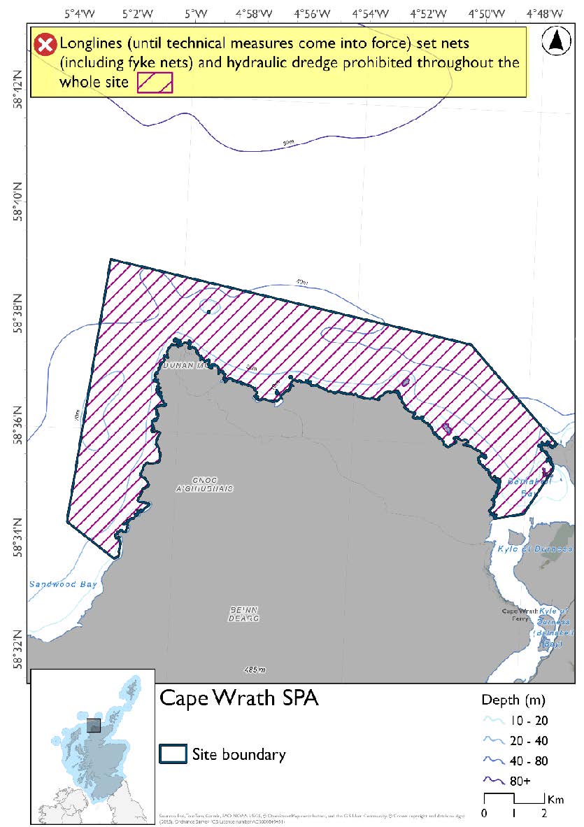 Map shows Cape Wrath SPA, which covers the Cape Wrath headland and Clo Mor cliffs as well as the nearby coastline and stacks. Throughout the SPA set nets (including fyke nets), longlines (until technical measures come into force), and hydraulic dredges are prohibited.