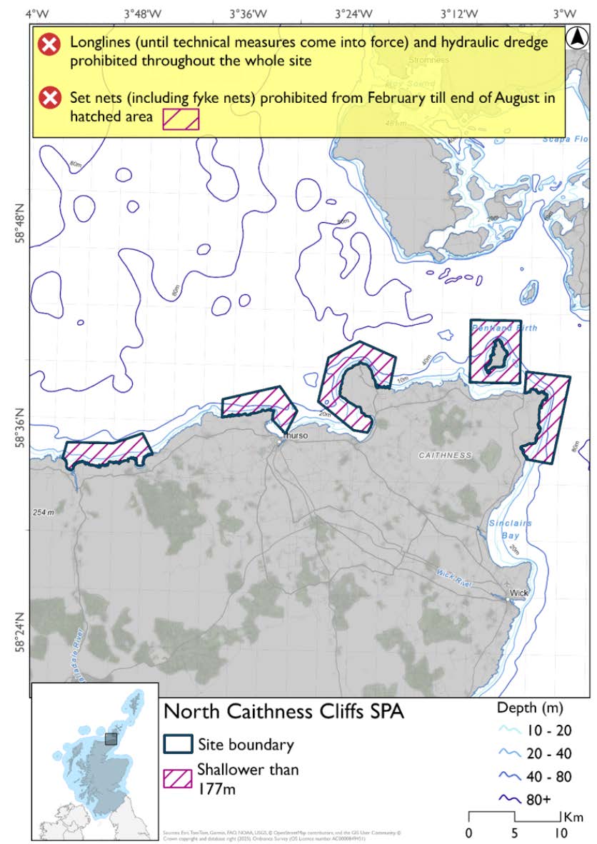 Map shows North Caithness Cliffs SPA, five separate areas on the far north-east coast of Scotland. These areas cover the seas around: Duncansby Head, Dunnet Head, Holburn Head, Stroma, and the seas between Sandside and Portskerra. All of these areas are shallower than 177m. Across these areas set nets (including fyke nets) are prohibited February to end of August. Across these areas longlines (until technical measures come into force) and hydraulic dredges are prohibited year-round.