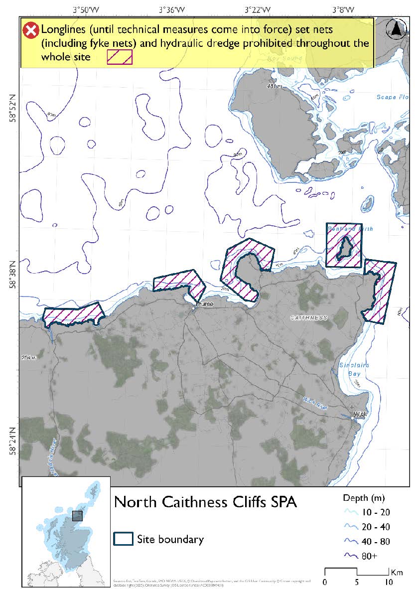Map shows North Caithness Cliffs SPA, five separate areas on the far north-east coast of Scotland. These areas cover the seas around: Duncansby Head, Dunnet Head, Holburn Head, Stroma, and the seas between Sandside and Portskerra. All of these areas are shallower than 177m. Across these areas set nets (including fyke nets), longlines (until technical measures come into force), and hydraulic dredges are prohibited year-round.