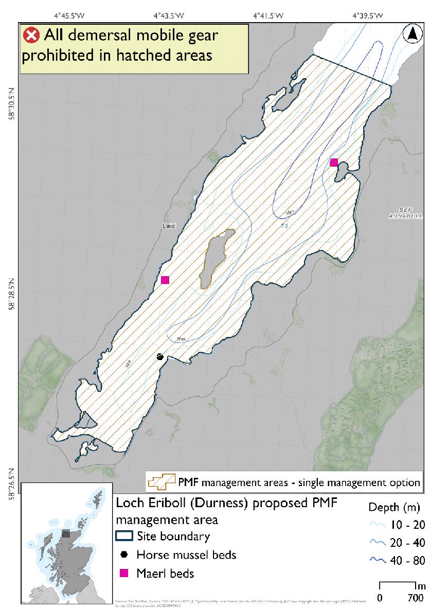 Map showing the area for measures extending from the head of Loch Eriboll to a short way past Portnancon. Maerl bed records are present in the northeast and west of the area, with a horse mussel record in the south of the area.