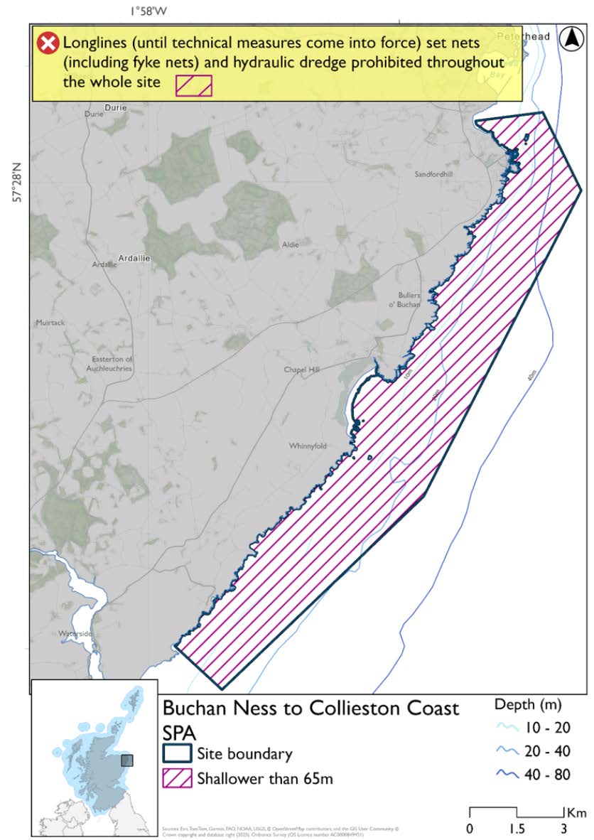 Map shows Buchan Ness to Collieston SPA, a long area just off the coast, between Buchan Ness and Collieston. The entire site is shallower than 65m, with the full area closed to hydraulic dredges, set nets (including fyke nets), and longlines (until technical measures come into force).