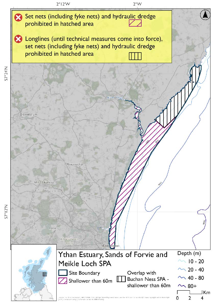 Map shows Ythan Estuary, Sands of Forvie and Meikle Loch SPA, an area extending northwards from Aberdeen as far as Cruden Bay and including the Ythan Estuary. Throughout the site set nets (including fyke nets) and hydraulic dredges are prohibited. In the norther part of the site there is an overlap with Buchan Ness to Collieston Coast SPA where longlines (until technical measures come into force) are prohibited.