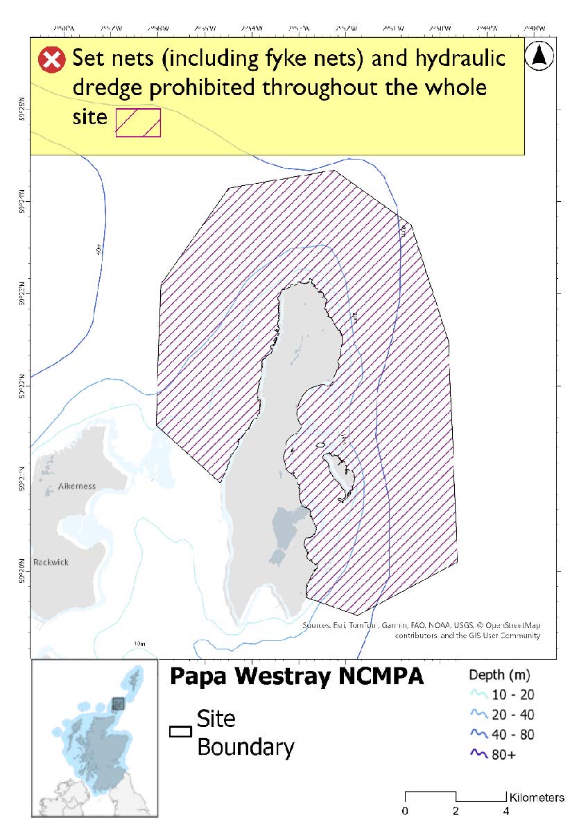 Single management option map shows the Papa Westray Nature Conservation Marine Protected Area (NCMPA). The site surrounds the east coast of Papa Westray around the north to midway down the west coast. The site is largely shallower than 40m, with only the eastern edge being deeper. A prohibition covers the whole site for set nets(including fyke nets and hydraulic dredge.