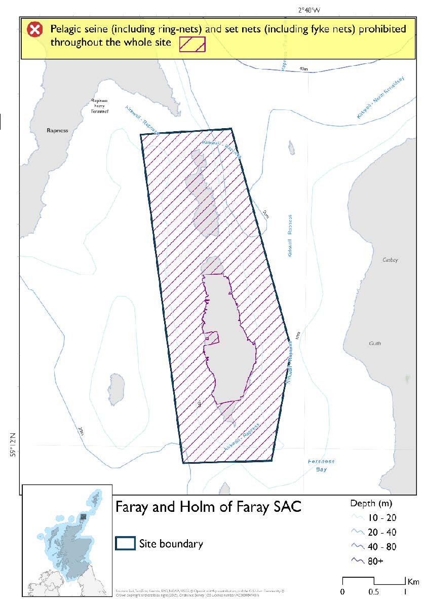 Single option map of Faray and Holm of Faray Special Area of Conservation (SAC), surrounding the whole of Faray and Holm of Faray, largely shallower than 10m, with some areas between 10 and 20m. Pelagic seine and set nets (including fyke nets) are prohibited throughout the site.