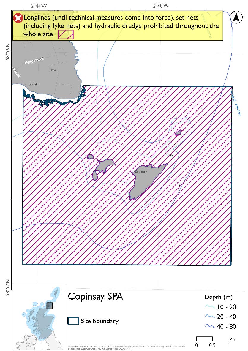 Map shows Copinsay SPA, a large area of waters surrounding Copinsay and Corn Holm extending outwards in a roughly square shape, with an indent below where it meets the Orkney mainland in the northwest. Hydraulic dredges, longlines (until technical measures come into force), and set nets (including fyke nets) are prohibited year round.