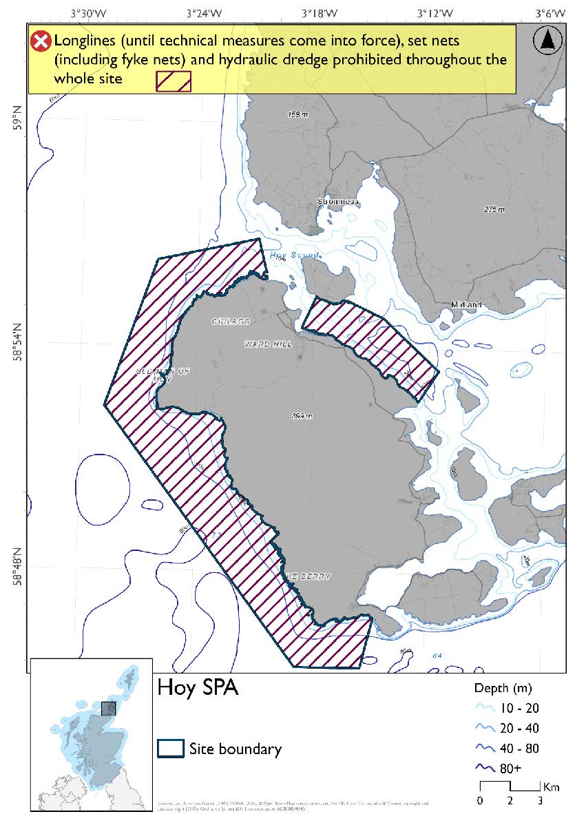 Map shows Hoy SPA, which covers the southern and western coast of the island of Hoy as well as an area on the northeastern coast. Throughout the area set nets (including fyke nets), longlines (until technical measures come into force), and hydraulic dredges are prohibited year round.
