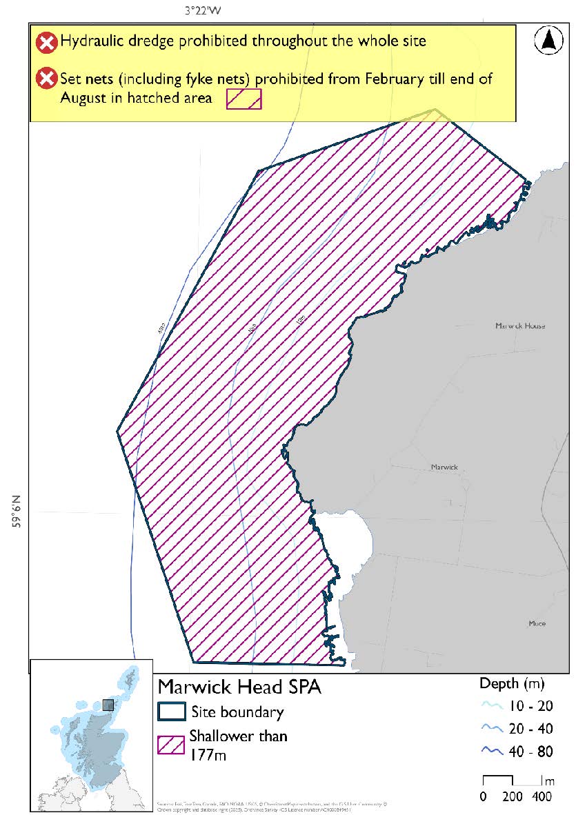 Map shows Marwick Head SPA, a 2 km stretch of sea cliffs, and adjacent coastal waters encompassing Marwick Head on the Orkney Mainland. Throughout the site set nets (including fyke nets) are prohibited February to end of August, while hydraulic dredges are prohibited throughout the site year round.