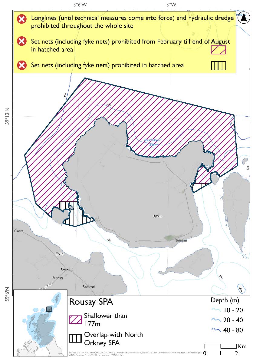 Map shows Rousay SPA, which covers the waters around the Northern and Western coasts of Rousay, from just beyond Eynhallow to just beyond the Holm of Stockness (taking in some of both of these islands' coasts). The entire area is shallower than 177m. Set nets (including fyke nets) are prohibited throughout February to end of August. Longlines (until technical measures come into force) and hydraulic dredges are prohibited year round. Set nets (including fyke nets) prohibited in areas that overlap with the North Orkney SPA.